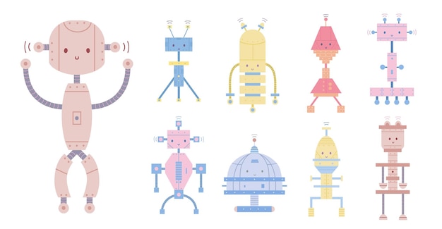 Collection De Robots Souriants Mignons Colorés Isolés Sur Fond Blanc. Ensemble De Différents Cyborgs Jouets, De Drôles De Monstres électroniques Ou De Créatures Mécaniques. Personnages De Dessins Animés. Illustration Vectorielle.