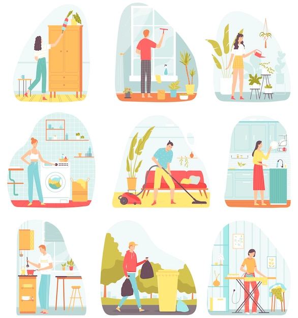 Collection de scènes avec des personnes faisant le ménage Illustration plate pour carte postale affiches bannières