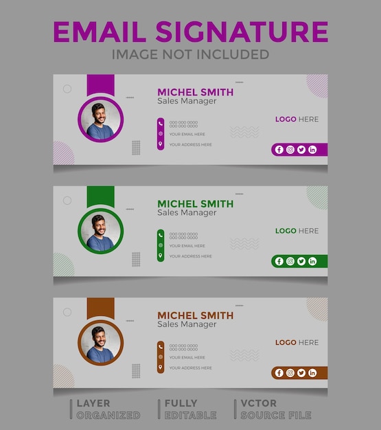 Vecteur collection de signatures d'e-mails vectorielles en 3 couleurs ou modèle de couverture de médias sociaux personnels