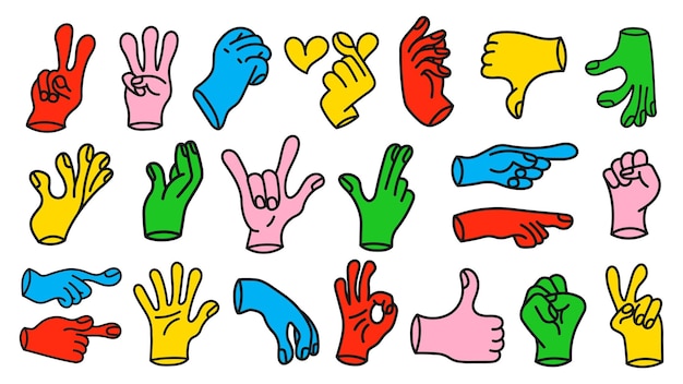 Collection de signes gestuels des mains humaines Un ensemble de doigts montrant des émotions et des directions doigt de geste dans des expressions de communication de conception plate avec signe de main dans une icône vectorielle de style à la mode