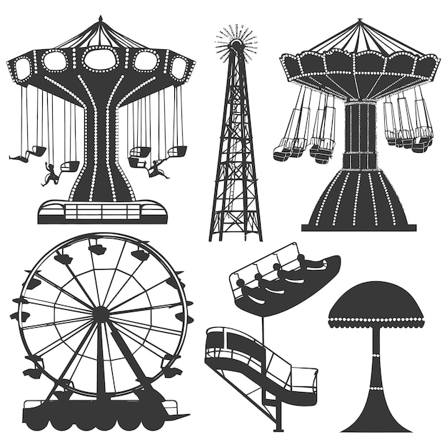 Vecteur la collection silhouette amusement park rides est uniquement en noir.