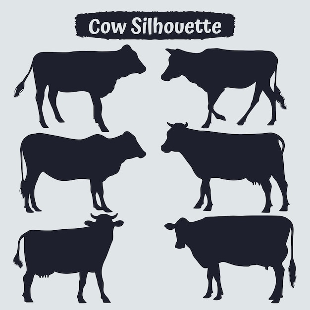 Vecteur collection de silhouette de vache dans différentes poses