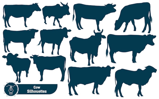 Vecteur collection de silhouette de vache dans différentes poses