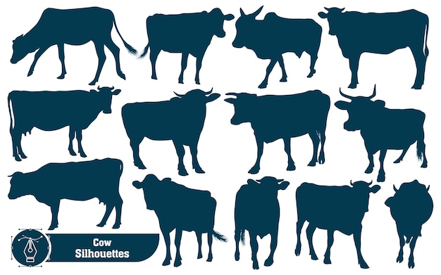 Vecteur collection de silhouette de vache dans différentes poses