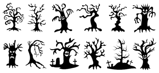 Collection De Silhouettes D'arbres Concept D'halloween Illustration Vectorielle