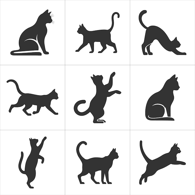 Une collection de silhouettes de chats différentes poses assises, marchant, s'étirant, sautant, postures ludiques