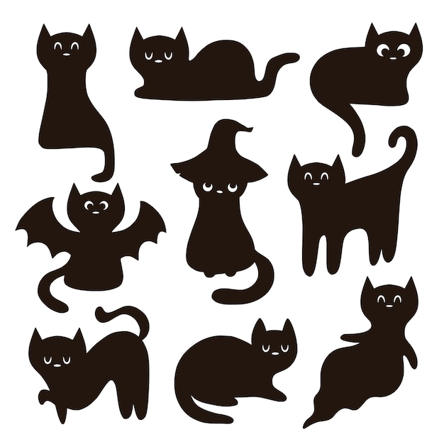 Collection de silhouettes de chats noirs dessinées à la main pour la célébration d'Halloween