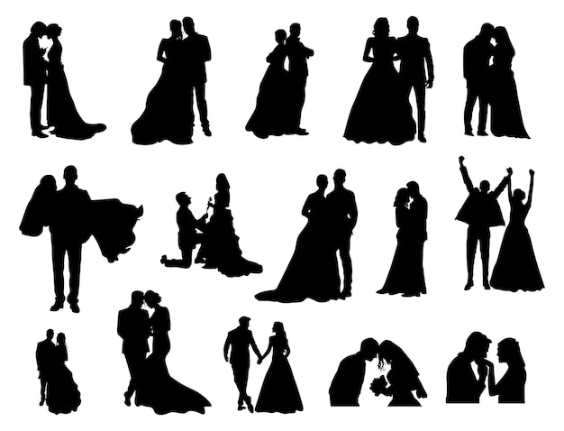 Vecteur collection de silhouettes de couple de mariage silhouettes d'amour de mariage