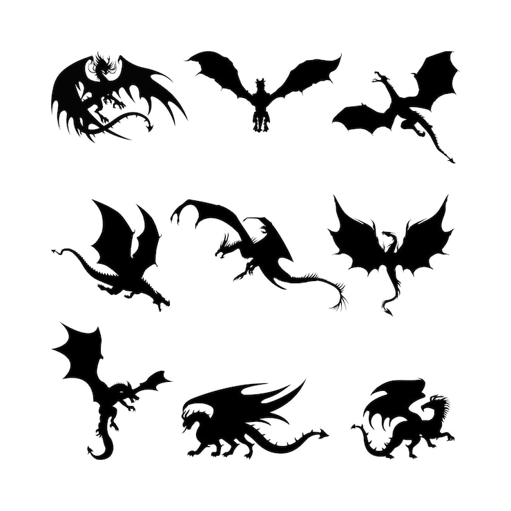 Vecteur collection de silhouettes de dragon volant