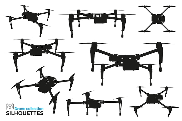 Collection De Silhouettes De Drones Isolés Dans Différentes Vues. Détails élevés. Ressources Graphiques.