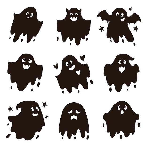 Collection de silhouettes de fantômes dessinées à la main pour la célébration d'Halloween