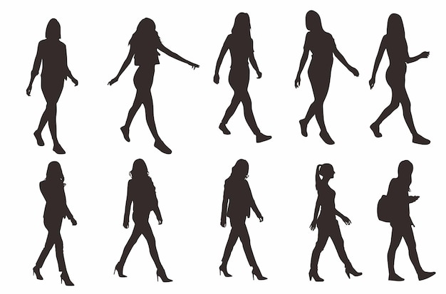 Vecteur une collection de silhouettes de femmes marchant