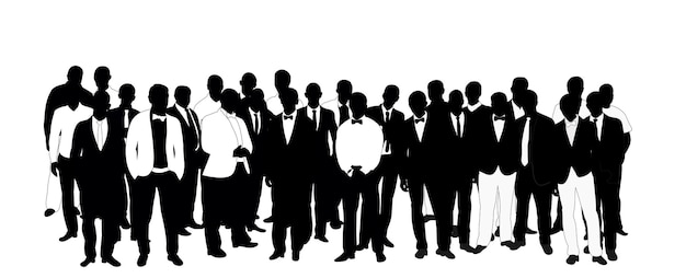Collection de silhouettes d'hommes d'affaires en noir et blanc, foule, vecteur, illustration