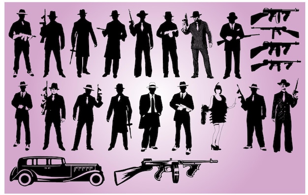 Vecteur une collection de silhouettes d'hommes avec des fusils et une arme à feu.