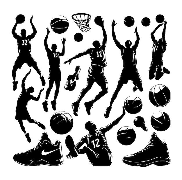 Vecteur collection de silhouettes de joueurs de basket noirs