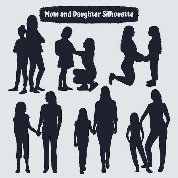 Collection de silhouettes de maman et de fille dans différentes poses