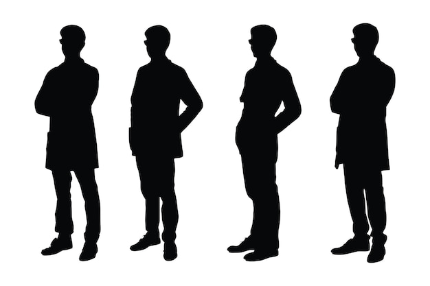 Collection de silhouettes de médecin et chirurgien de sexe masculin Médecin homme portant des tabliers et des faisceaux de silhouette debout Garçons scientifiques avec des visages anonymes Silhouette de médecin masculin sur fond blanc