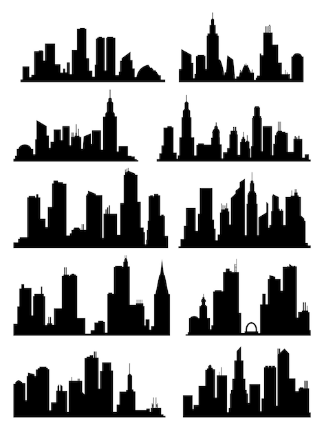 Vecteur collection de silhouettes de paysage urbain bâtiments de la ville ville de nuit et silhouettes panoramiques urbaines horizontales définies skyline avec des fenêtres dans un style plat