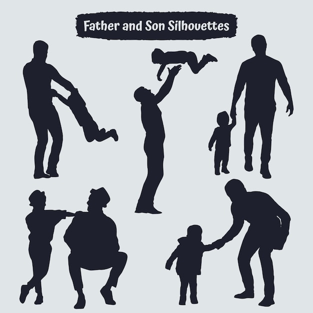 Vecteur collection de silhouettes de père et fils ou père et bébé dans différentes poses