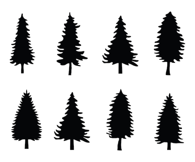 Collection de silhouettes de pins sur fond blanc