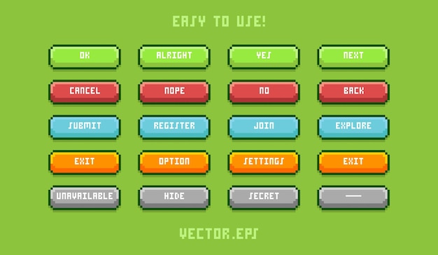 Collection simple de jeu ui bouton dans l'art de pixel joli fond de style lumière verte vibrante