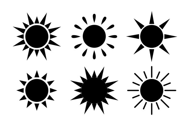Collection de soleil vectoriel Conception plate ombre noire d'icônes de soleil isolées sur un fond blanc