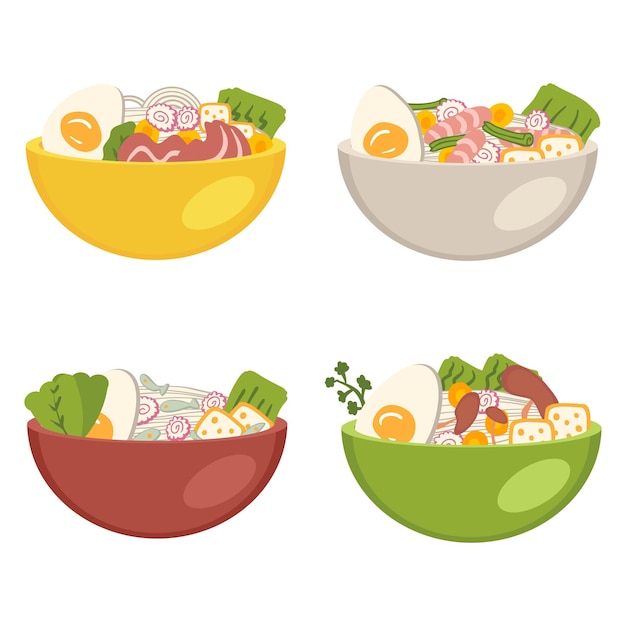 Collection de soupes ramen asiatiques dessinées à la main dans un style plat Parfait pour le menu et la papeterie d'autocollants tee Illustration vectorielle isolée pour la décoration et le design