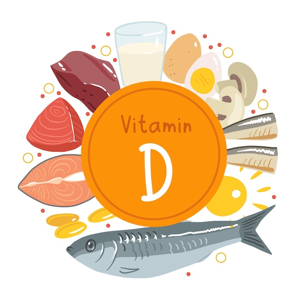 Collection De Sources De Vitamine D Aliments Enrichis En Cholécalciférol Produits Laitiers Poissons Champignons Et œufs Nutrition Organique Diététique Illustration De Dessin Animé De Vecteur Plat Isolé Sur Blanc