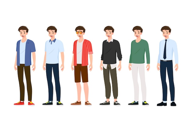 Collection de sourire beau jeune homme dans différents styles de vêtements à la mode debout isolé sur fond blanc. Ensemble de gars portant divers vêtements à la mode pour adolescents.