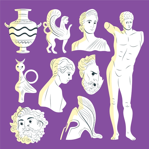Collection de statues grecques design plat dessinés à la main