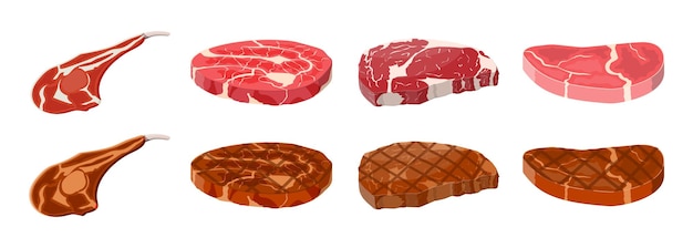 Vecteur collection de steaks frits. filet de bœuf. jarret de porc. tranche de steak, viande fraîche. côtelette de porc non cuite. illustration vectorielle dans un style plat