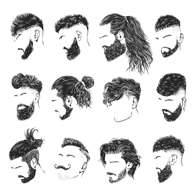 Vecteur collection de styles de cheveux homme dessinés à la main silhouette