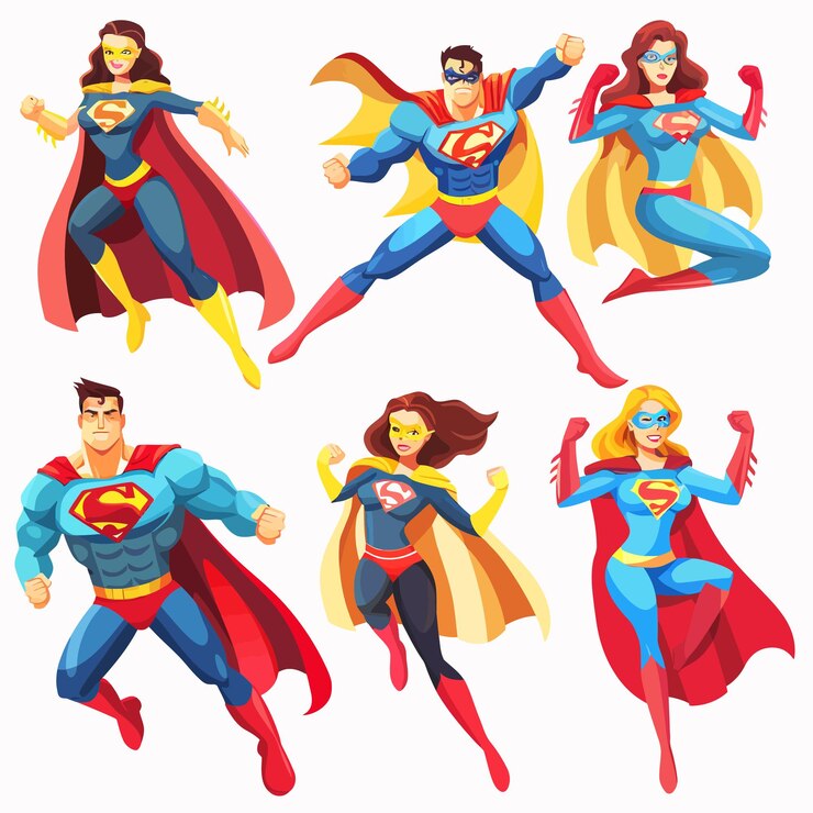 Vecteur une collection de super-héros de style comique, y compris superman.