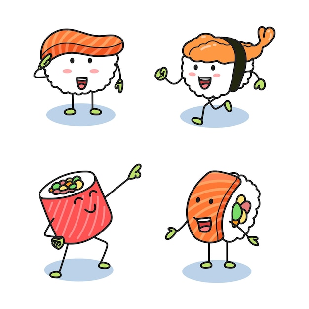 Collection de sushis mignons dessinés à la main