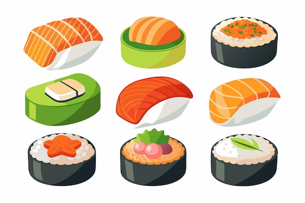 une collection de sushis et de sushis sur un fond blanc