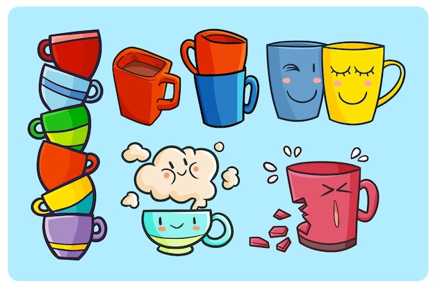 Collection De Tasses Ou Tasses Drôles Et Mignonnes Dans Le Style De Doodle Kawaii