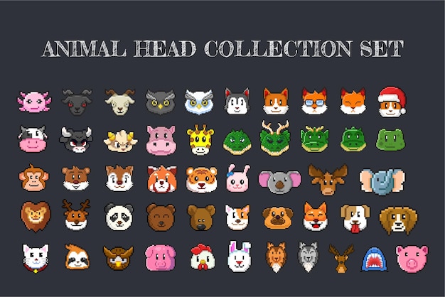 collection de têtes d'animaux dans un style pixel art