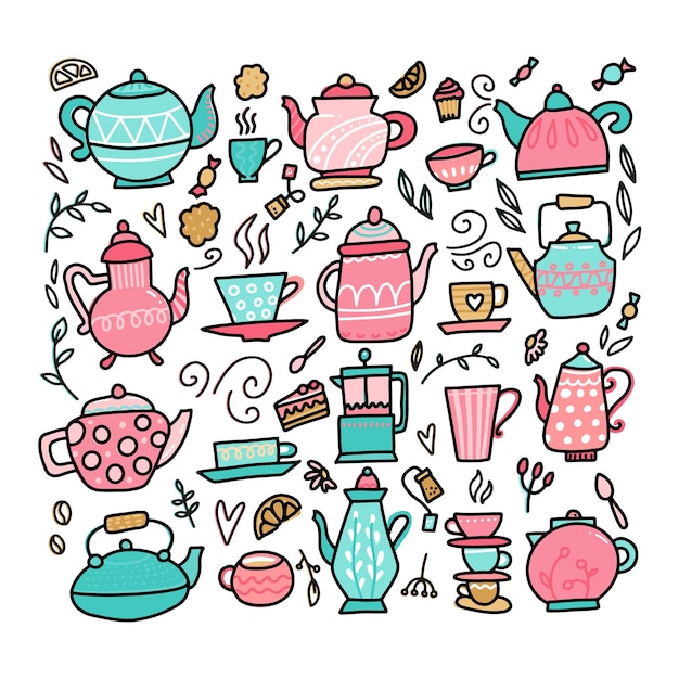 Collection de théière et tasses à thé de style Doodle Style linéaire hygge simple et confortable scandinave