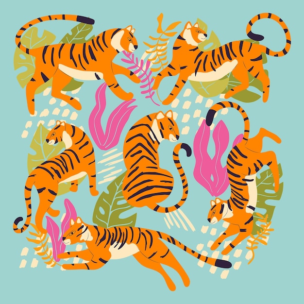 Collection de tigres mignons dessinés à la main sur fond bleu clair debout assis courir et marcher avec des plantes exotiques et des éléments abstraits Illustration vectorielle colorée