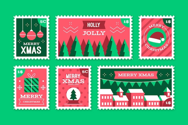 Vecteur collection de timbres de noël design plat