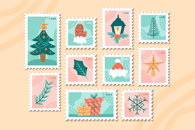 Vecteur collection de timbres de noël dessinés à la main