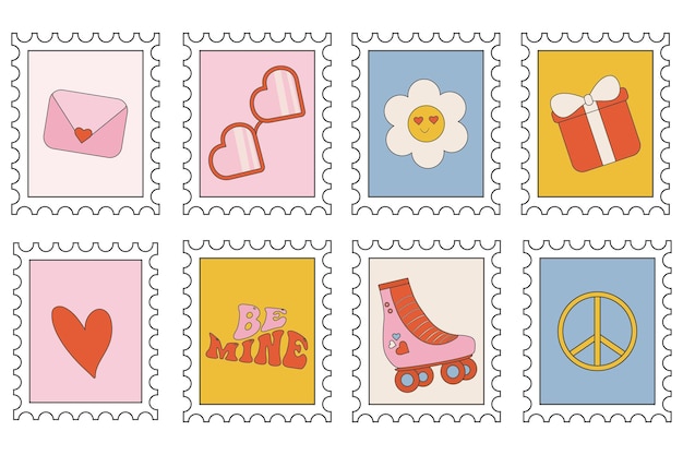 Collection de timbres de la saint-valentin dans un style rétro groovy
