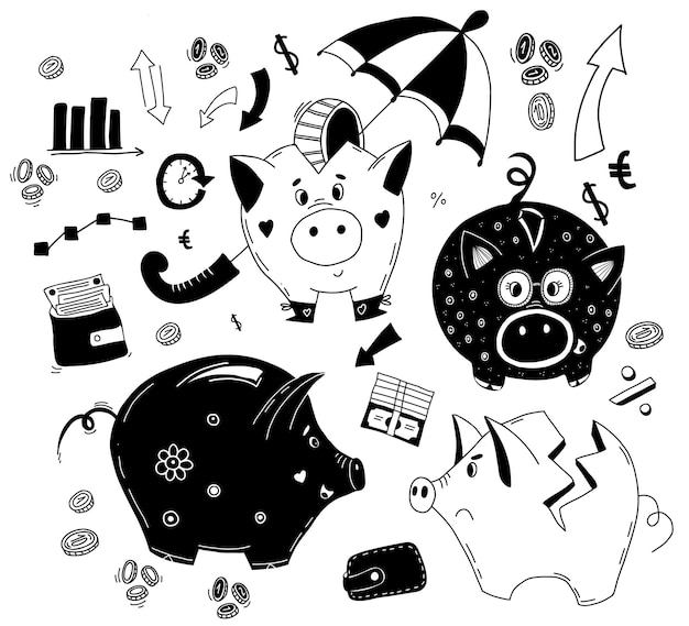 Collection De Tirelire Cochon Mignon Et Argent Vector Doodle Tirelire Avec Coin Icônes Linéaire