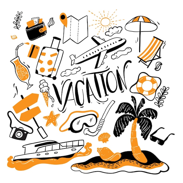 Vecteur collection de tourisme d'aventure, voyage à l'étranger, voyage de vacances d'été, dessin à la main de l'élément de vacances avec un style doodle