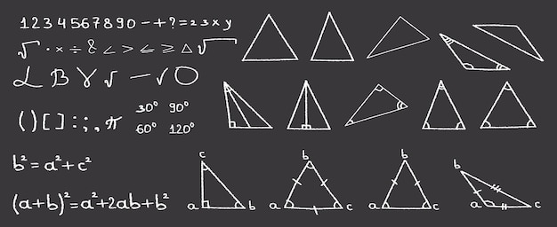Collection de triangles avec des formules scientifiques dessin à la craie enfantine pour le vecteur scolaire