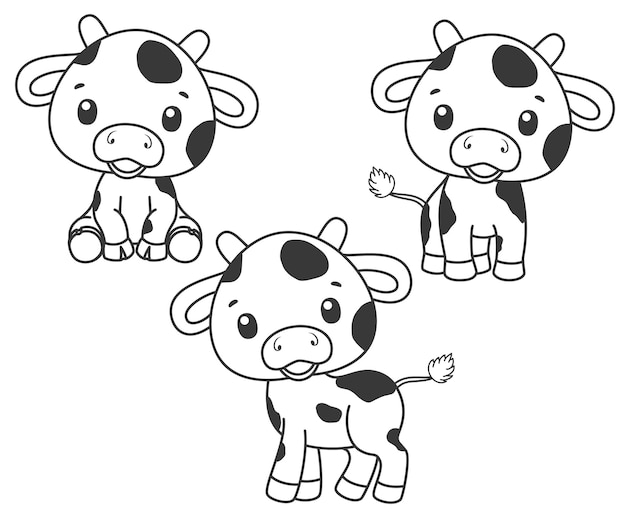 Une Collection De Vaches Mignonnes De Bande Dessinée. Illustration Vectorielle Noir Et Blanc Pour Un Livre De Coloriage. Dessin De Contours.