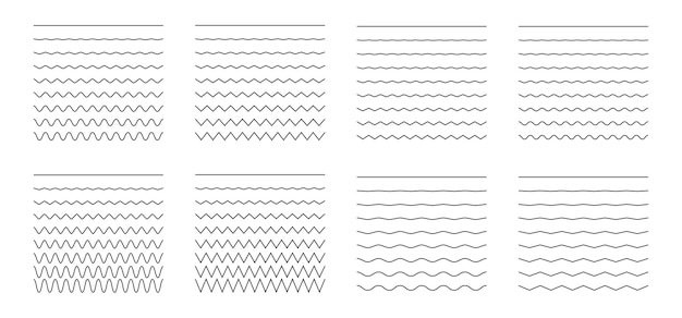 Vecteur collection de vecteur d'onde de ligne mince différente isolée sur fond blanc. grand ensemble de lignes horizontales ondulées - sinueuses et en zigzag - entrecroisées. ligne continue de variation des éléments de conception graphique