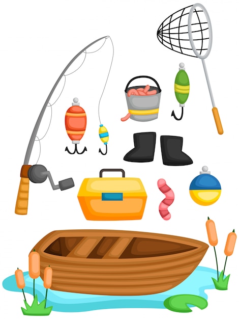 Vecteur une collection de vecteur d'outils et d'objets de pêche