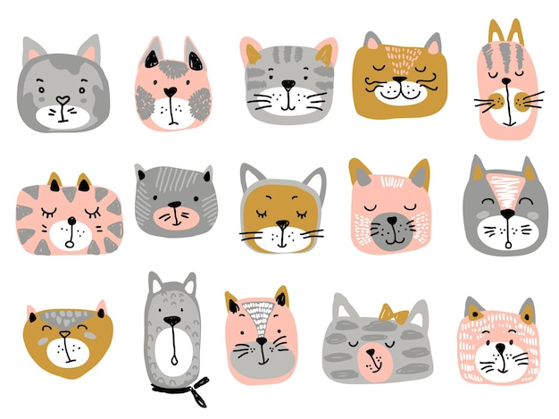 Collection De Vecteur De Visages De Chat Coloré Illustration Drôle Pour Les Enfants