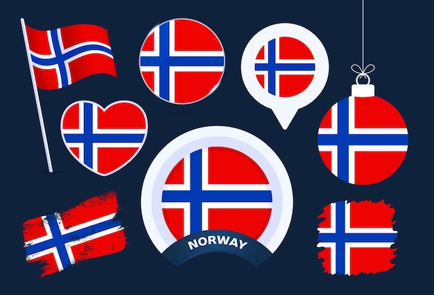 Collection De Vecteurs De Drapeau De La Norvège. Grand Ensemble D'éléments De Conception De Drapeau National Sous Différentes Formes Pour Les Jours Fériés Publics Et Nationaux Dans Un Style Plat.